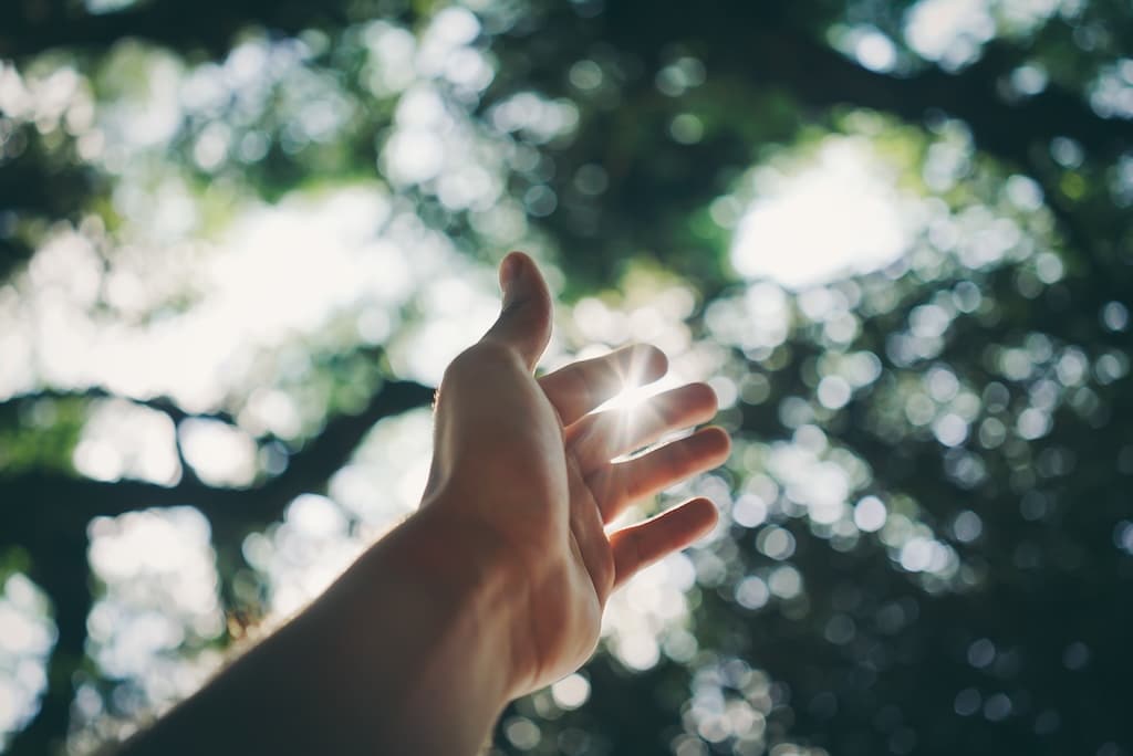 Een hand in de lucht, symboliseert het loslaten en loskomen van datgene wat je tegenhoudt.