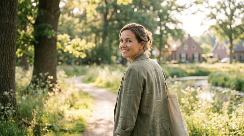 Ontspannen vrouw kijkt glimlachend achterom tijdens een wandeling in de natuur, vrij van sociale angst na hypnose in Boxmeer.