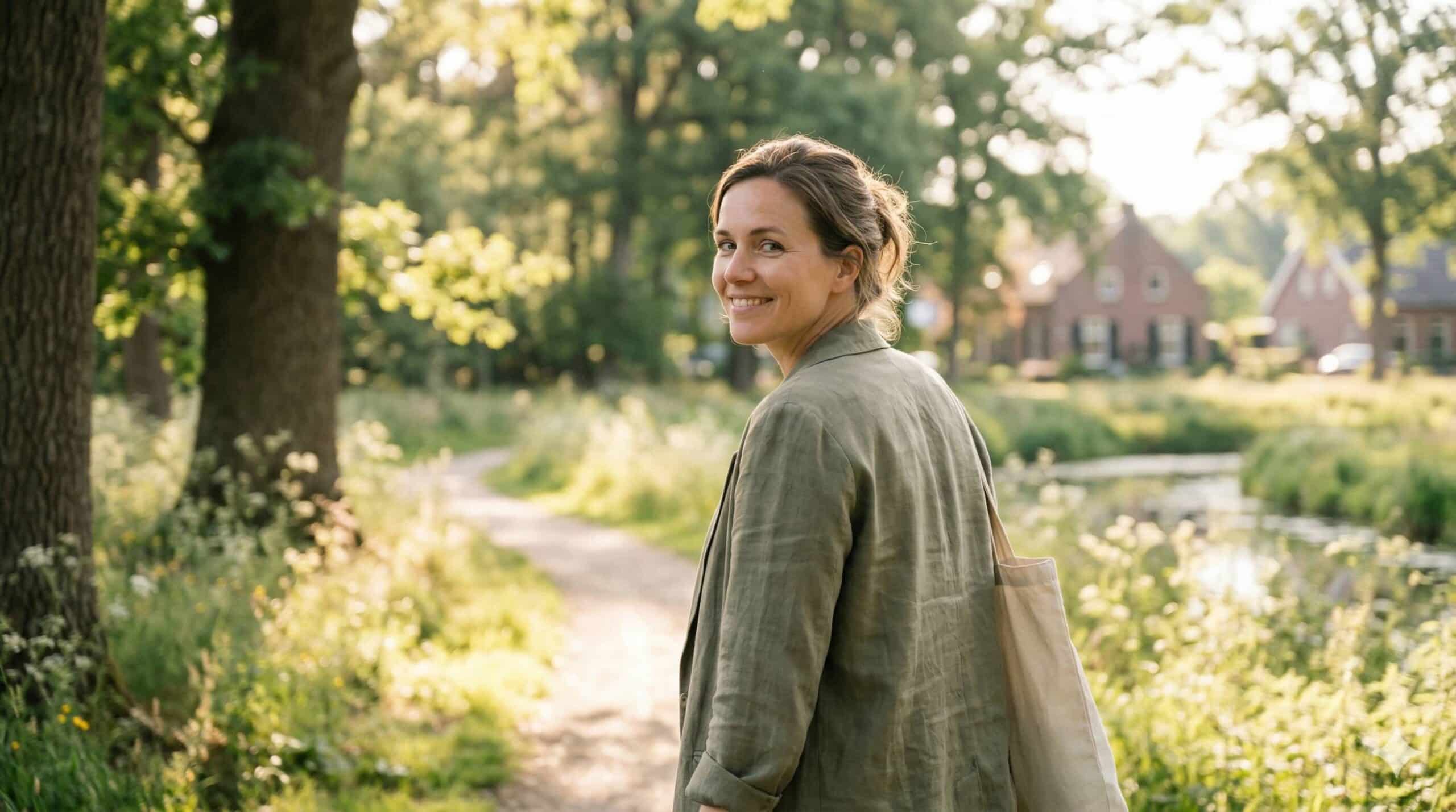 Ontspannen vrouw kijkt glimlachend achterom tijdens een wandeling in de natuur, vrij van sociale angst na hypnose in Boxmeer.